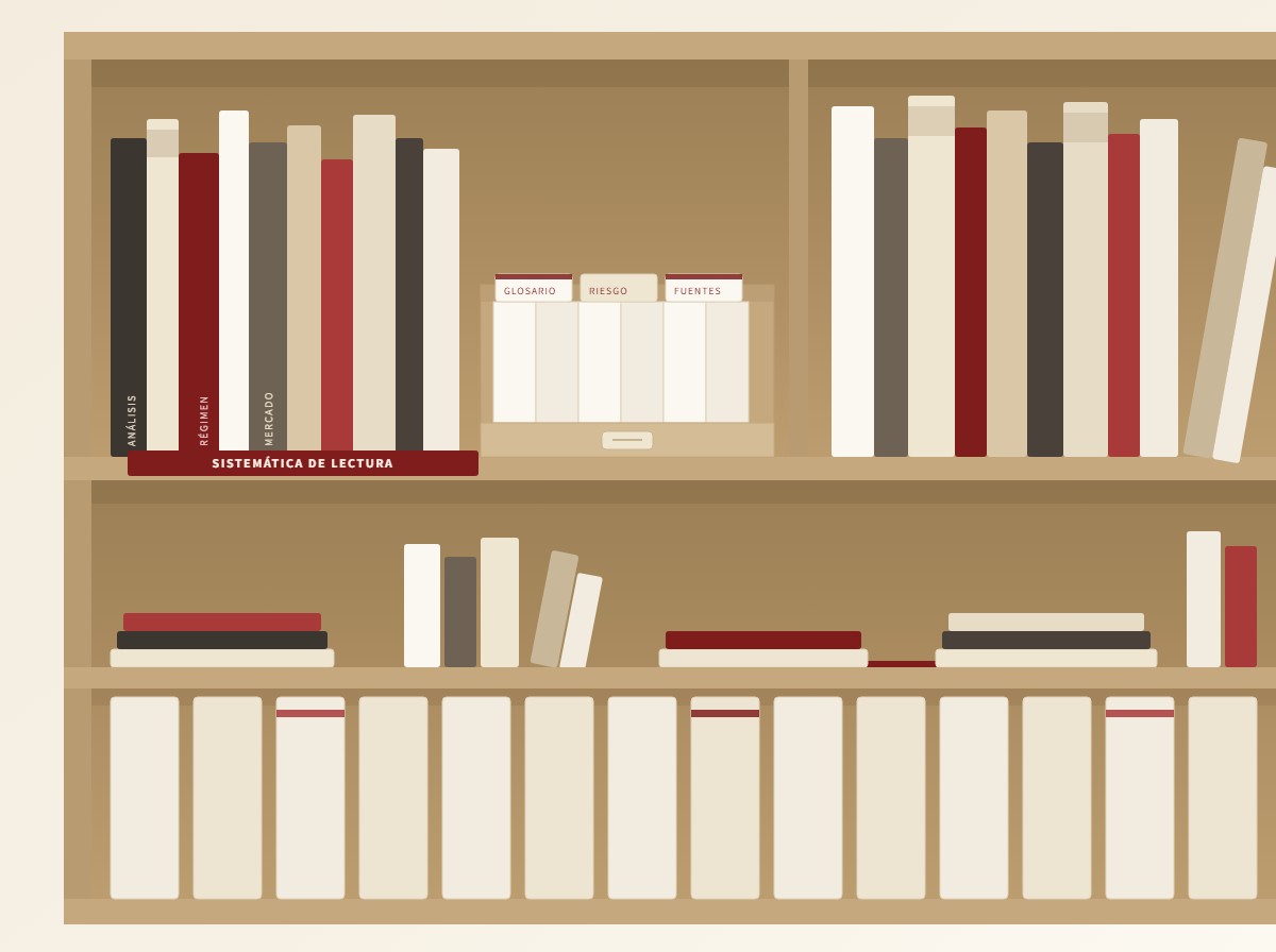 Estante de referencia con libros y fichas temáticas del mercado de capitales