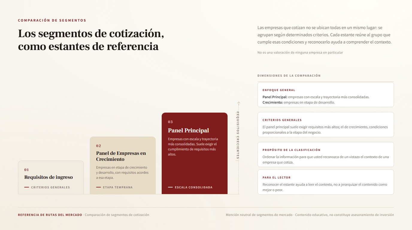 Ilustración de paneles escalonados que representan los segmentos de cotización de las empresas
